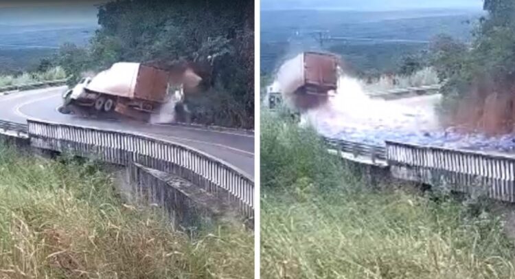 Grave: Caminhão baú carregado com garrafões de agua mineral perde os freio na rodovia Cuiabá-Chapada bate no paredão e despenca