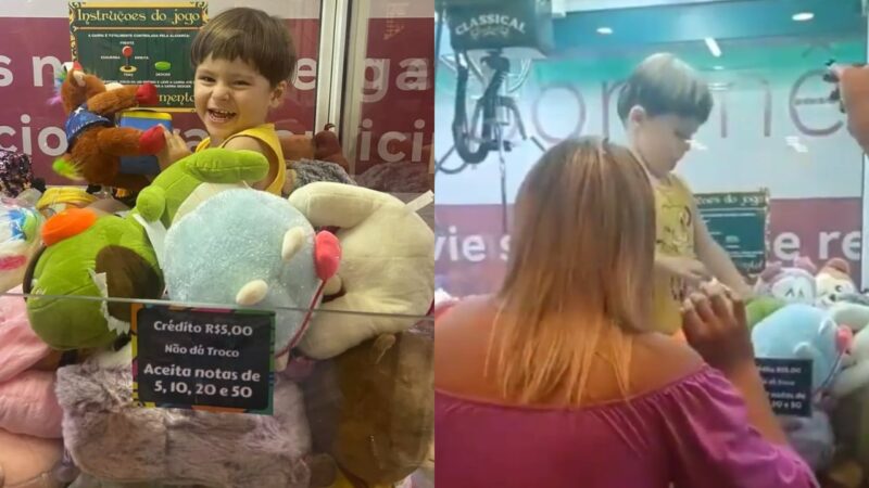 Criança entra em máquina de pelúcia em shopping; veja o vídeo