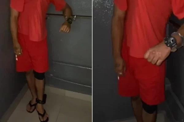 Fantasiado de detento e com tornozeleira falsa, jovem é preso