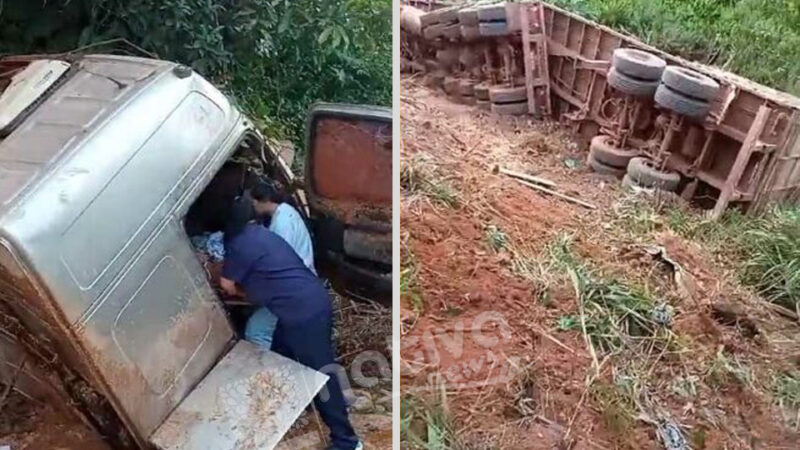Motorista é socorrido após caminhão carregado de arroz tombar no Nortão