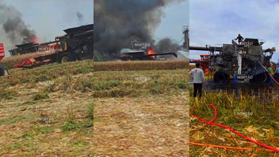 Colheitadeira pega fogo durante colheita de milho em fazenda entre Sorriso e Ipiranga do Norte