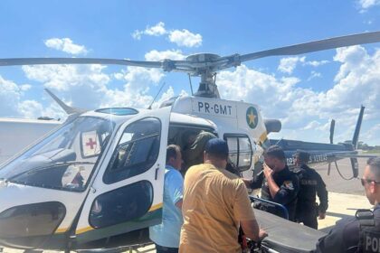 Policial militar é resgatado de helicóptero após cair de viatura e fraturar perna em Juara
