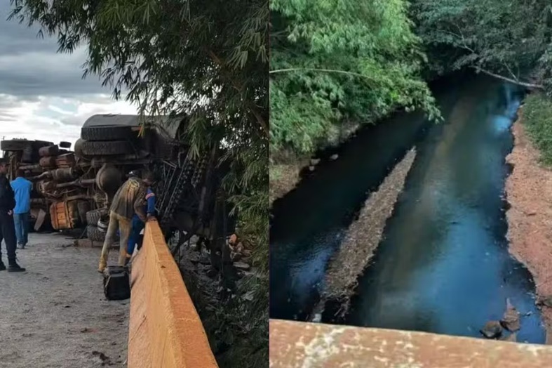 Caminhão com carga de piche tomba de ponte e compromete abastecimento de água em cidade de MT
