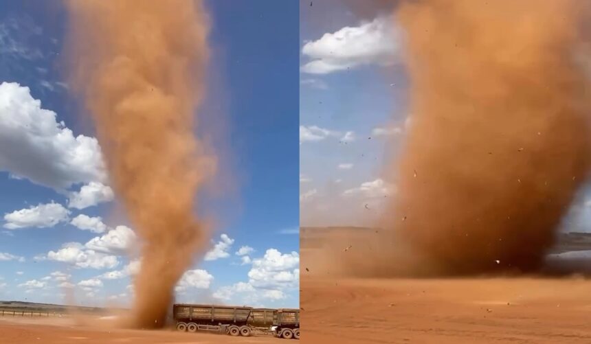 Caminhoneiro registra grande redemoinho de poeira e chama fenômeno de “tornado do Mato Grosso” Caminhoneiro registra grande redemoinho de poeira e chama fenômeno de “tornado do Mato Grosso”